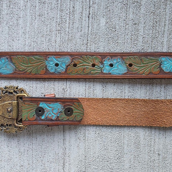 Vintage Arden B Genuine Leather Belt with Ornate Turquoise-Style Buckle - Picture 7 of 9